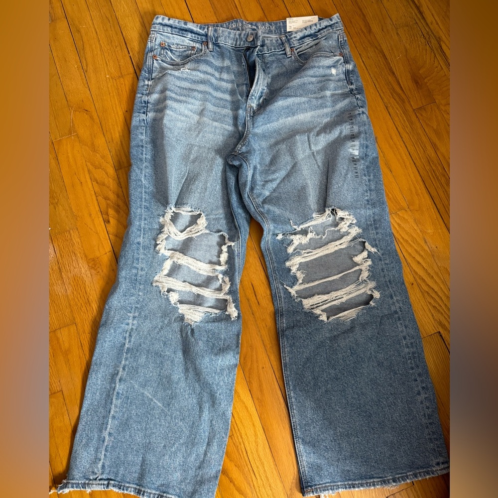 American eagle CURVY SUPER HIGH-RISE BAGGY STRAIGHT MEDIUM INDIGO WASH